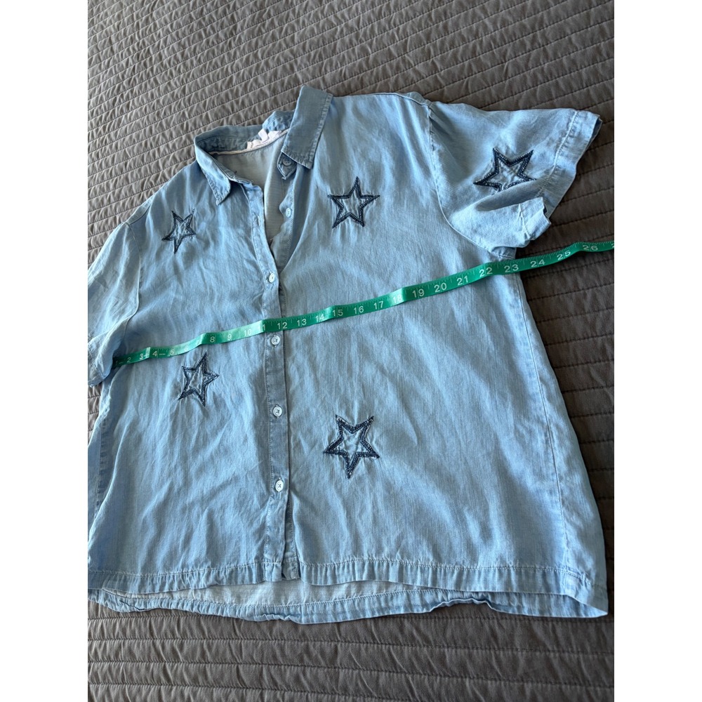 Jane + Delancey Blue Star Embroidered Lyocell Short Sleeve Button Down Shirt L - Picture 7 of 8